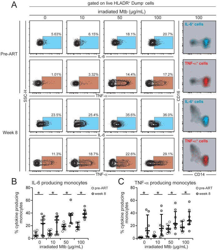 Intracellular production of IL-6 and TNF-α by monocytes from HIV+ patients is affected by HIV plasma viremia and mycobacterial antigen load.