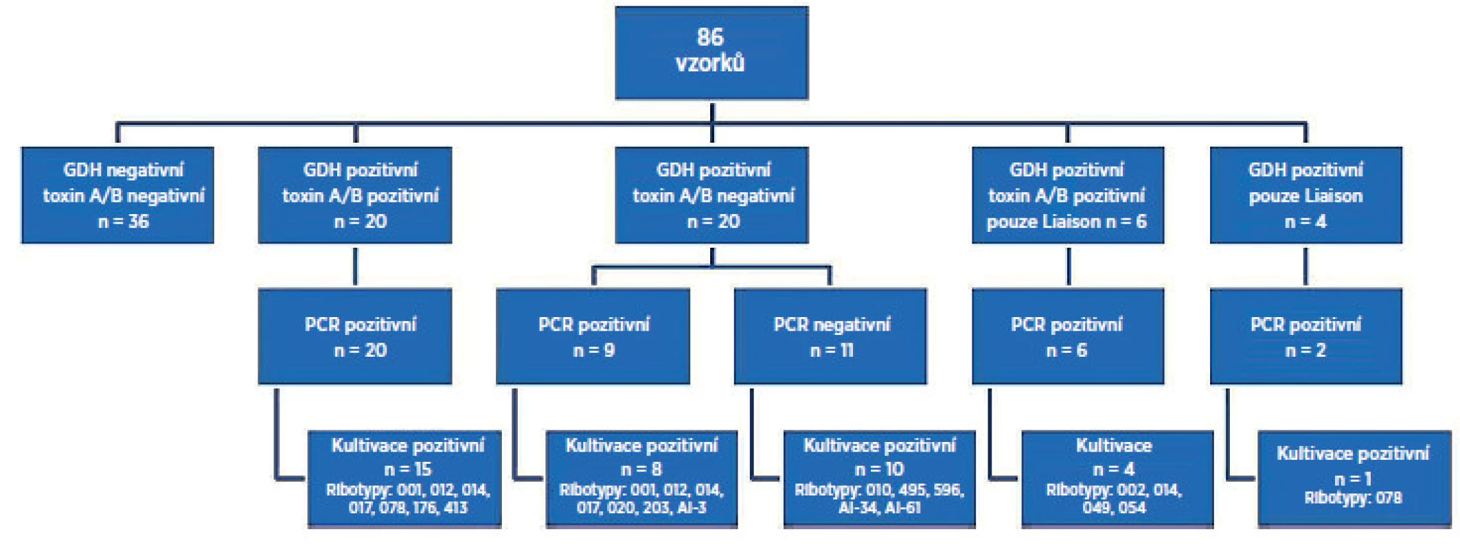 Výsledky porovnávací studie testů Quik Chek Complete<sup>®</sup>, Liaison<sup>®</sup> s konfirmací Real-Time PCR <em>C. difficile</em> Elite MGB<sup>®</sup> a kultivace s následnou ribotypizací kmene 
Vysvětlivky: PCR – polymerázová řetězová reakce, GDH – glutamát dehydrogenáza
Fig 1. Results of the comparative study of the C. difficile Quik Chek Complete<sup>®</sup> test and Liaison<sup>®</sup> <em>C. difficile</em> GDH and Toxins AαB test with confirmation by Real-Time PCR <em>C. difficile</em> Elite MGB<sup>®</sup>test and culture followed by PCR ribotyping Note: PCR – polymerase chain reaction, GDH – glutamate dehydrogenase
