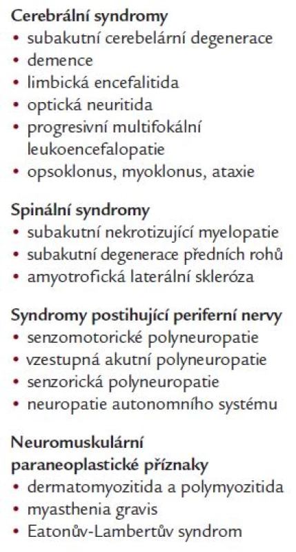 Spektrum paraneoplastických projevů (Hiller, 2000).