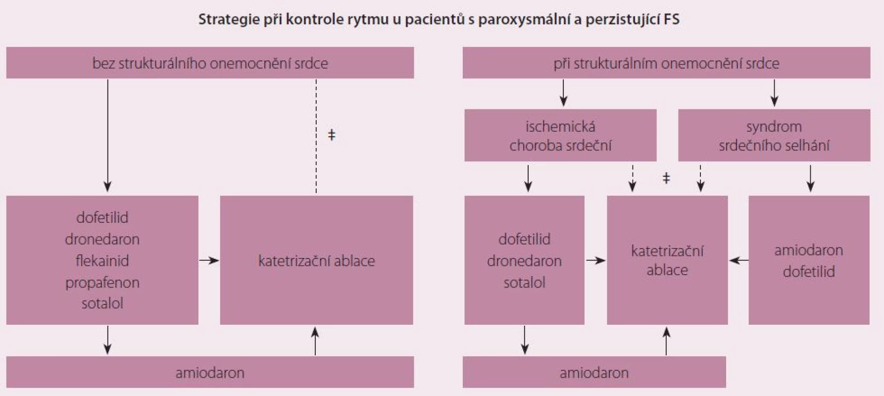 Strategie kontroly rytmu dle AHA/ACC/HRS Guidelines 2014 (antiarytmika jsou uvedena v abecedním pořadí, ‡ závisí na preferenci pacienta a pokud je ablace prováděna ve zkušeném centru).