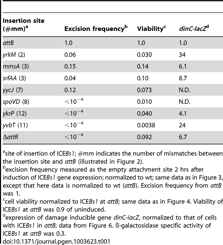 Summary of properties of several ICE<i>Bs1</i> insertions in secondary attachment sites.