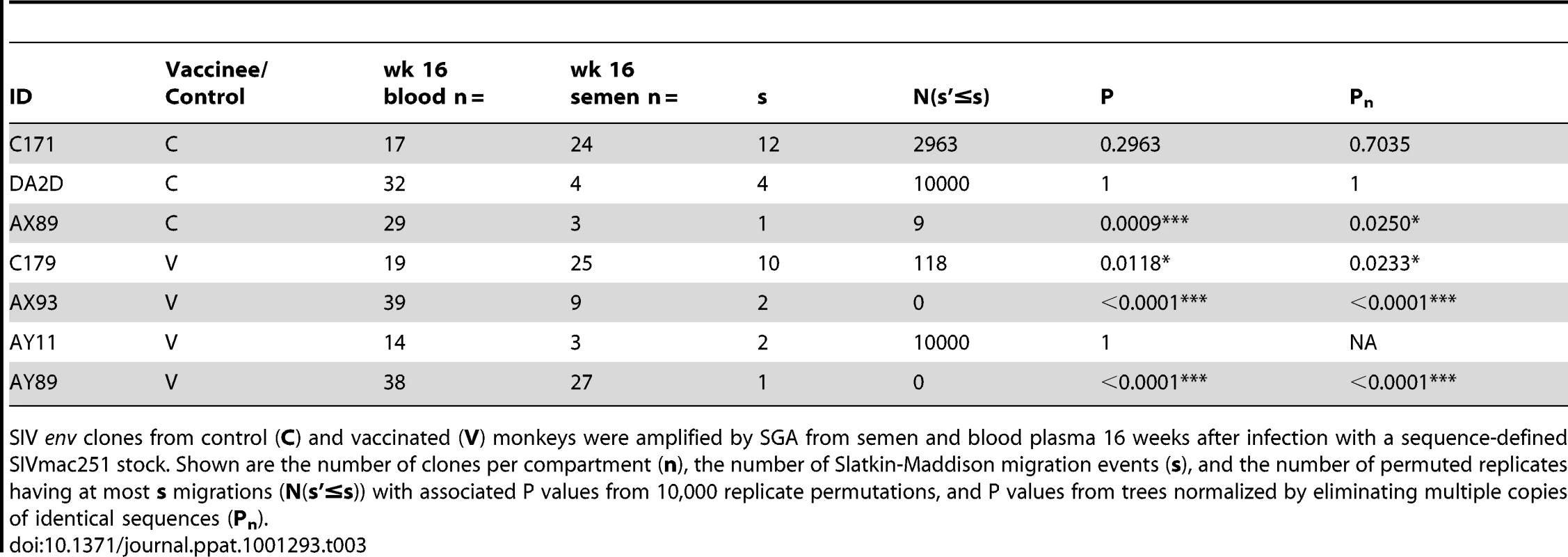 SIV genetic compartmentalization at virus set point.