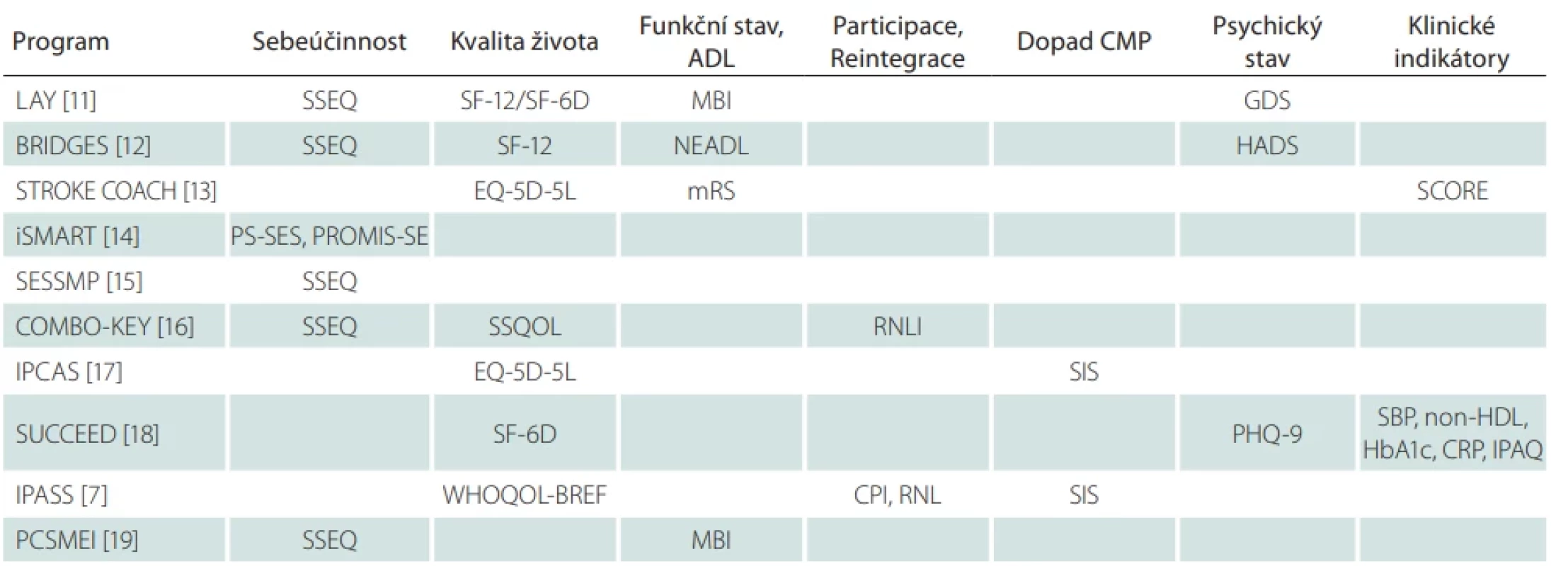 Přehled nejčastěji hodnocených domén a použitých nástrojů v programech SM po CMP.