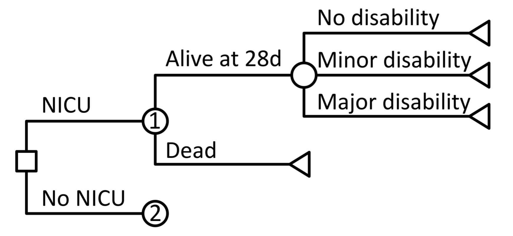 Schematic of decision tree model for outcomes during the neonatal period, with or without neonatal intensive care.