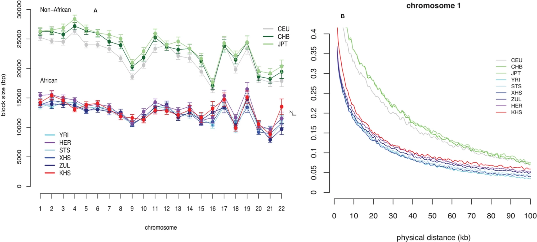 (A) Mean block sizes per chromosome and analysis panel.