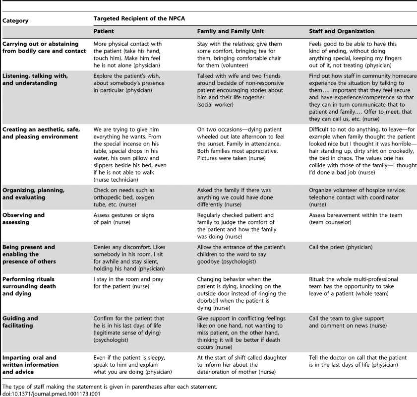 Matrix of categories, with examples of coded statements.