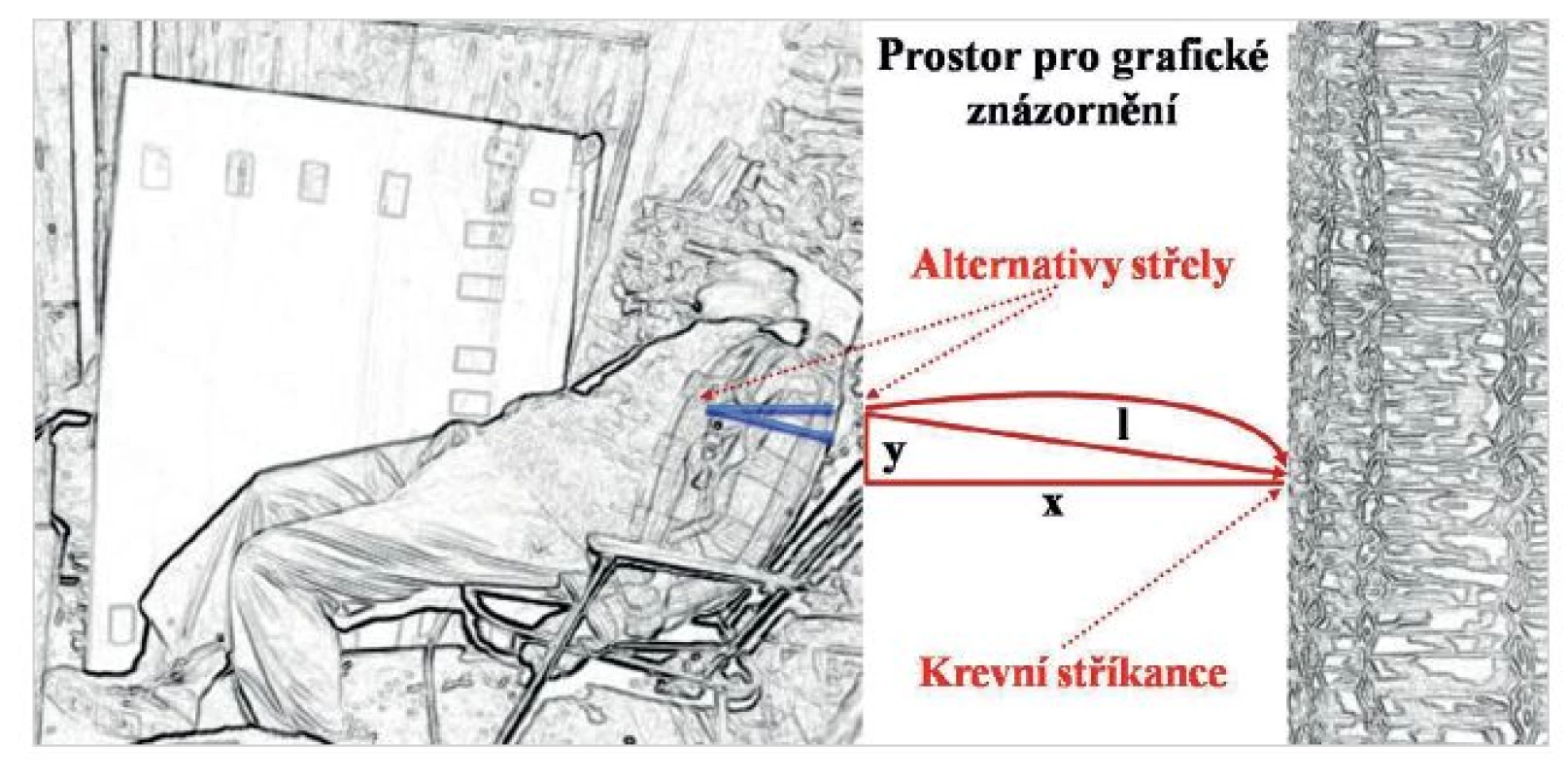 Jde o detailně prokreslenou verzi místa činu s grafickým znázorněním vstupních a analyzovaných údajů. Povšimněte si, prosím, znázornění jednotlivých naměřených hodnot pro další výpočty (x = 100 cm), (y = 10 cm) a (l = 110 cm). K laskavému povšimnutí alternativy střely, přičemž jedna modrá šipka znázorňuje vodorovný a druhá modrá šipka šikmý let.
