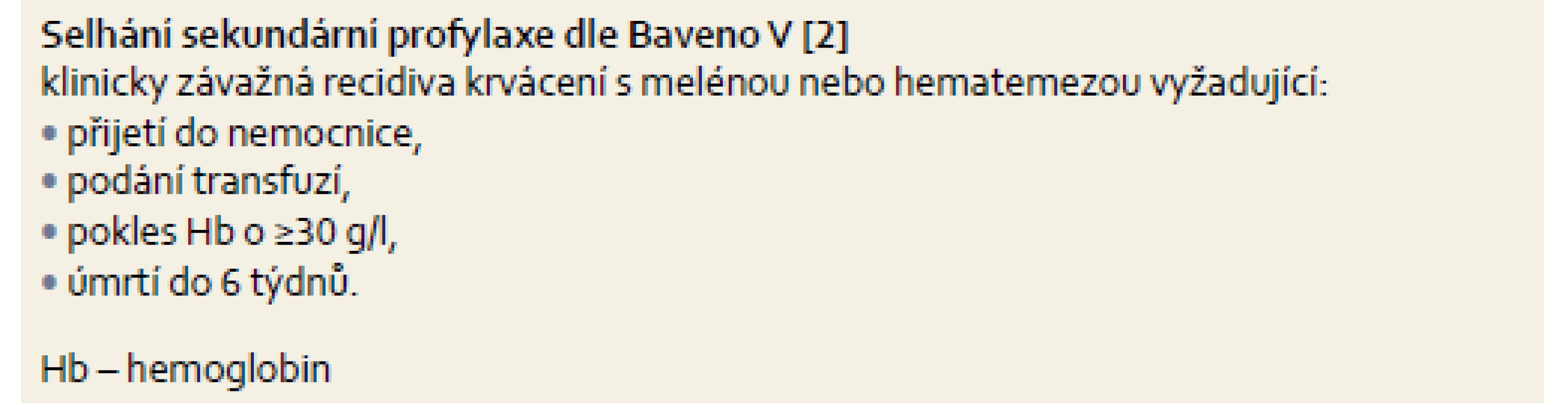 Definice selhání léčby – pozdní recidiva krvácení (≥ 5 dnů od předchozí ataky).
Tab. 6. Rebleeding – definition of treatment failure (≥ 5 days since previous attack).