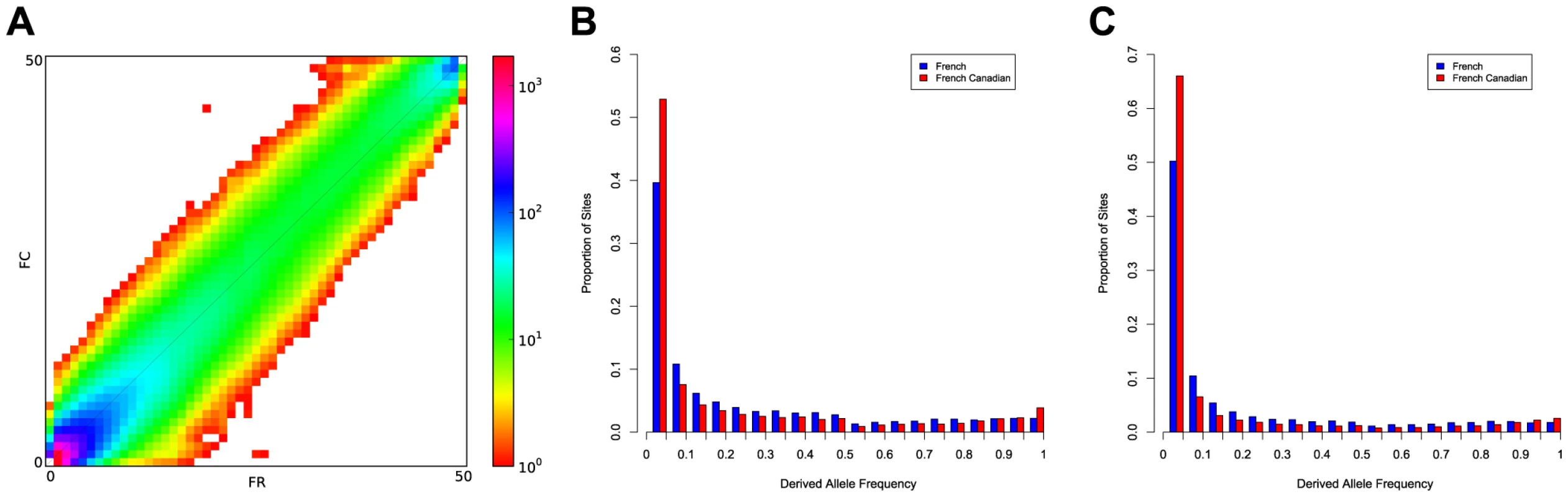 Site frequency spectrum in the French and French-Canadian populations.