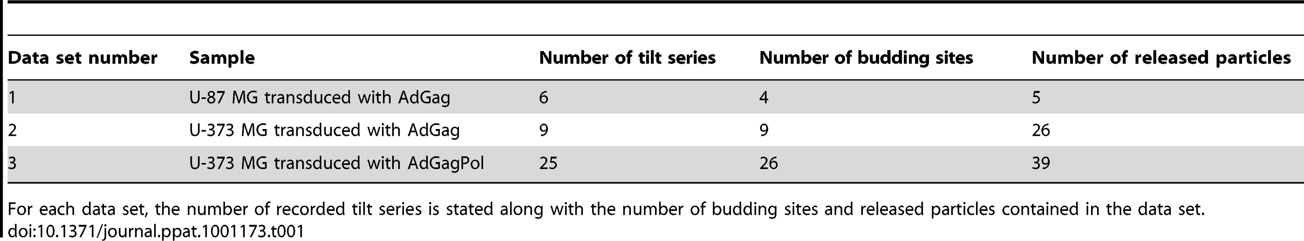 Data statistics for cET of HIV-1 budding.