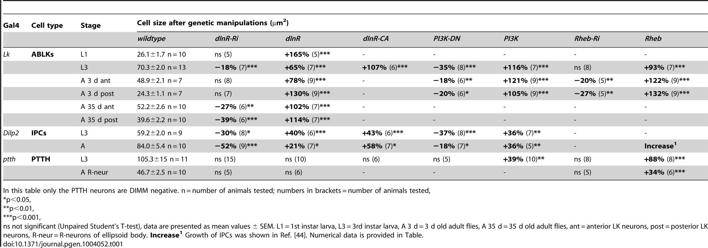 Manipulations of genes in Dimm positive and Dimm negative peptidergic neuroendocrine cells.
