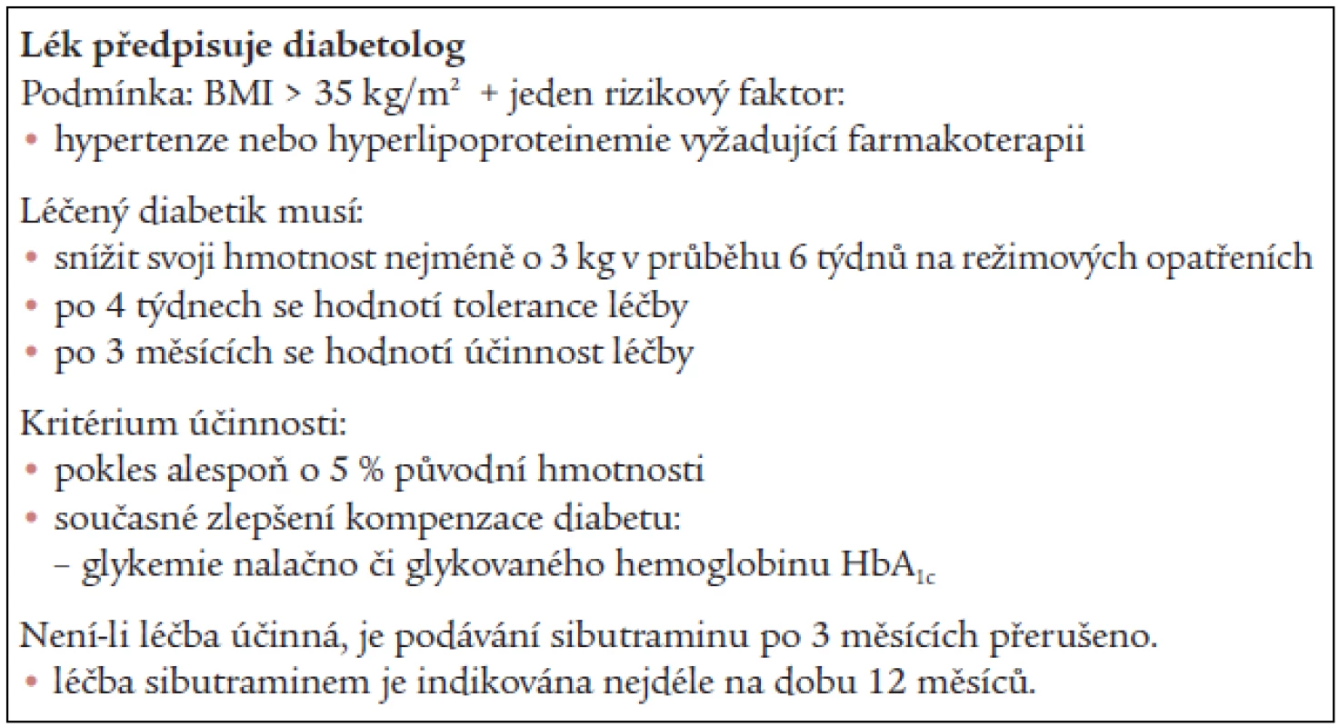 Podmínky pro úhradu sibutraminu zdravotními pojišťovnami u diabetiků.