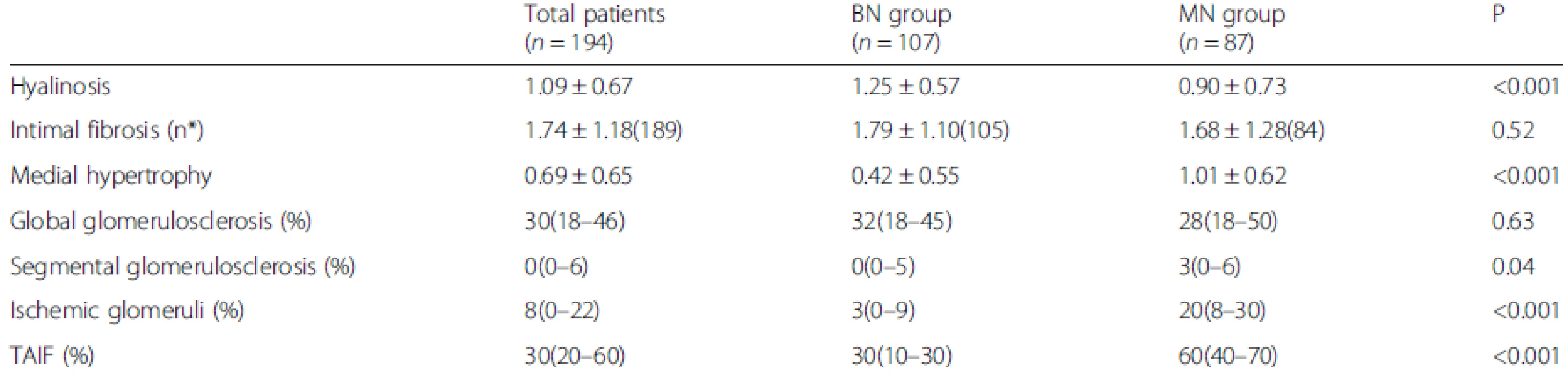 Comparisons of the histological features between the MN and BN groups