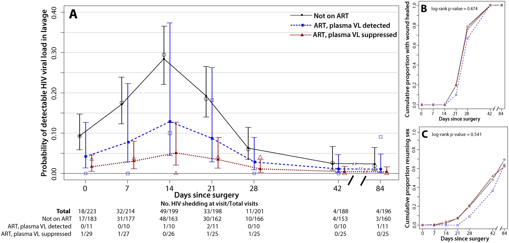 Penile HIV shedding, wound healing, and resumption of sex stratified by plasma viral load and ART status.