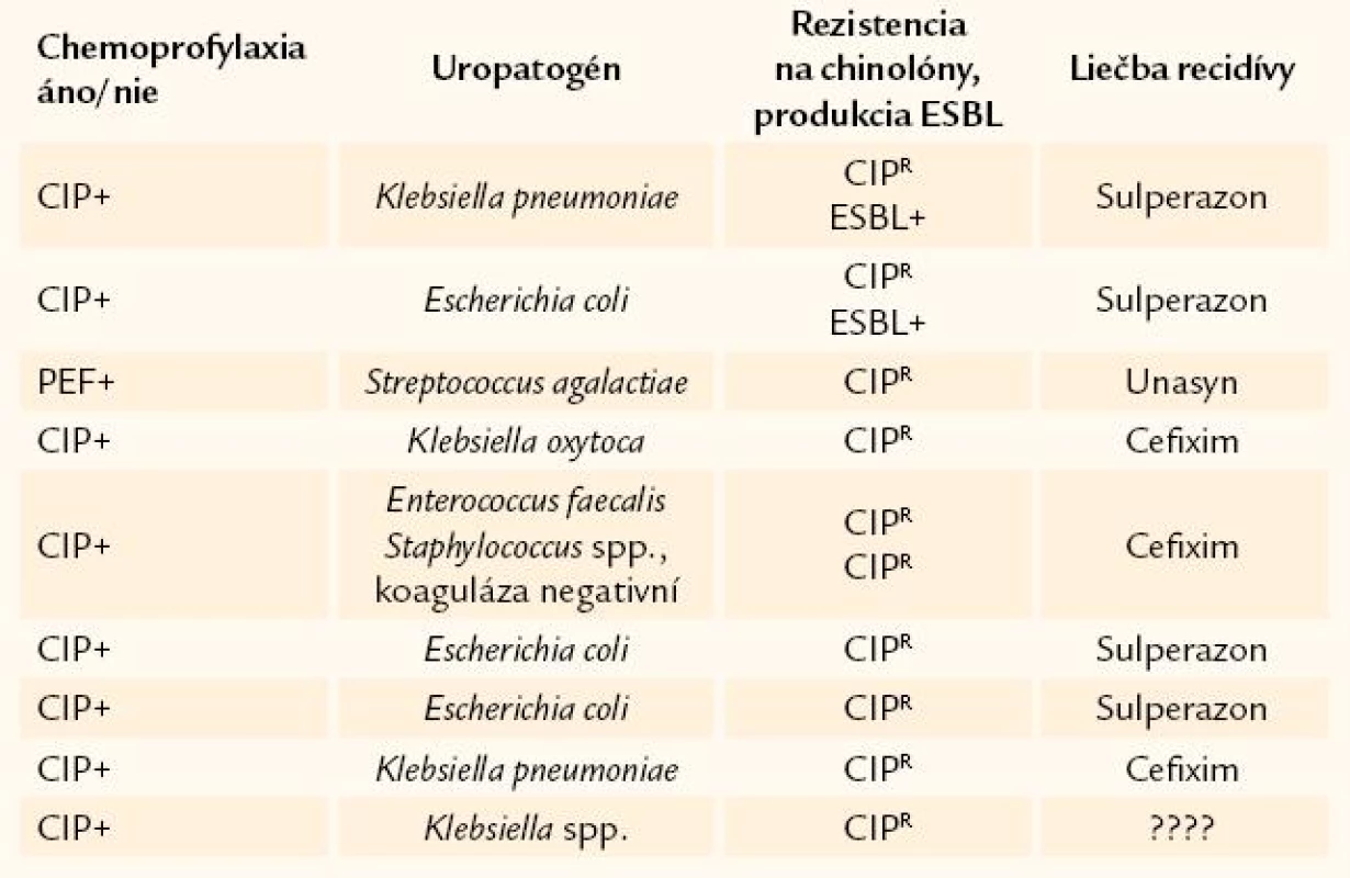 Prehľad chinolón-rezistentných uropatogénov izolovaných počas 12 mesiacov chemoprofylaxie a imunoterapie.
