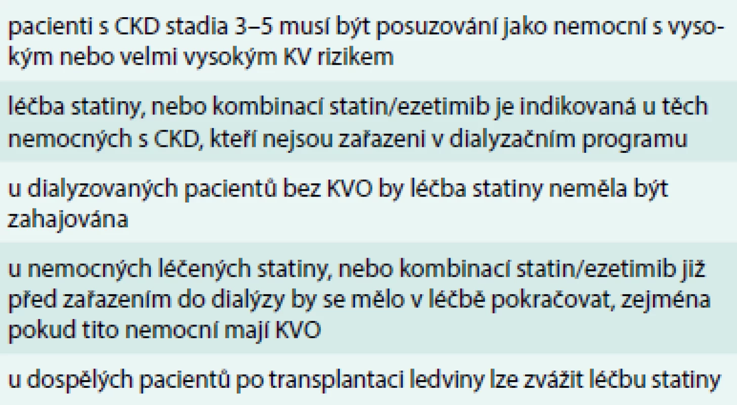 Doporučení pro léčbu dyslipidemií u pacientů se středně těžkým nebo těžkým postižením renálních funkcí