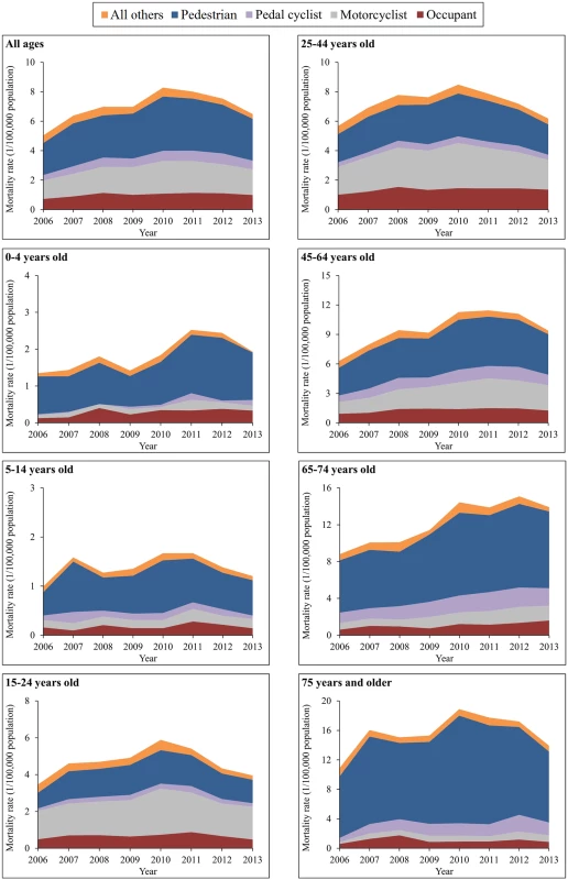 Mortality rates from traumatic brain injury due to motor vehicle crashes by age group and road user category (China, 2006–2013).