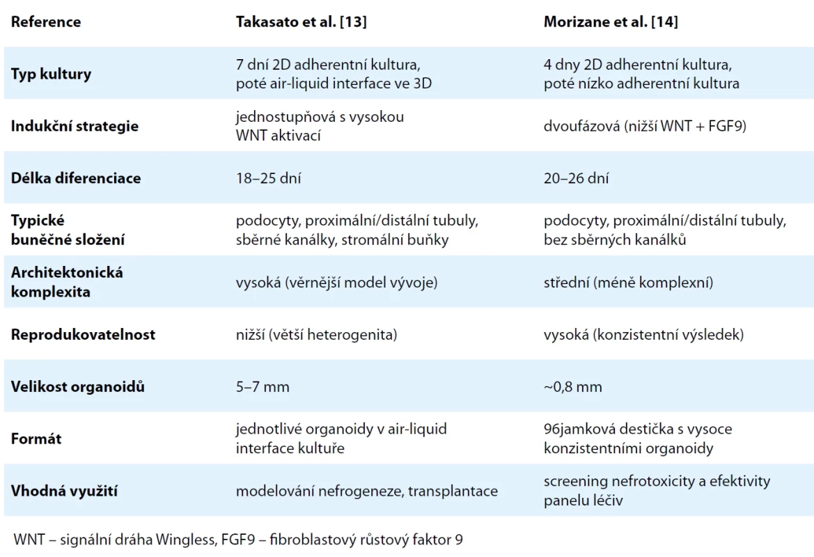Srovnání protokolů iPSC organoidů tkáně ledviny, jejich charakteristiky, výhody a využití.