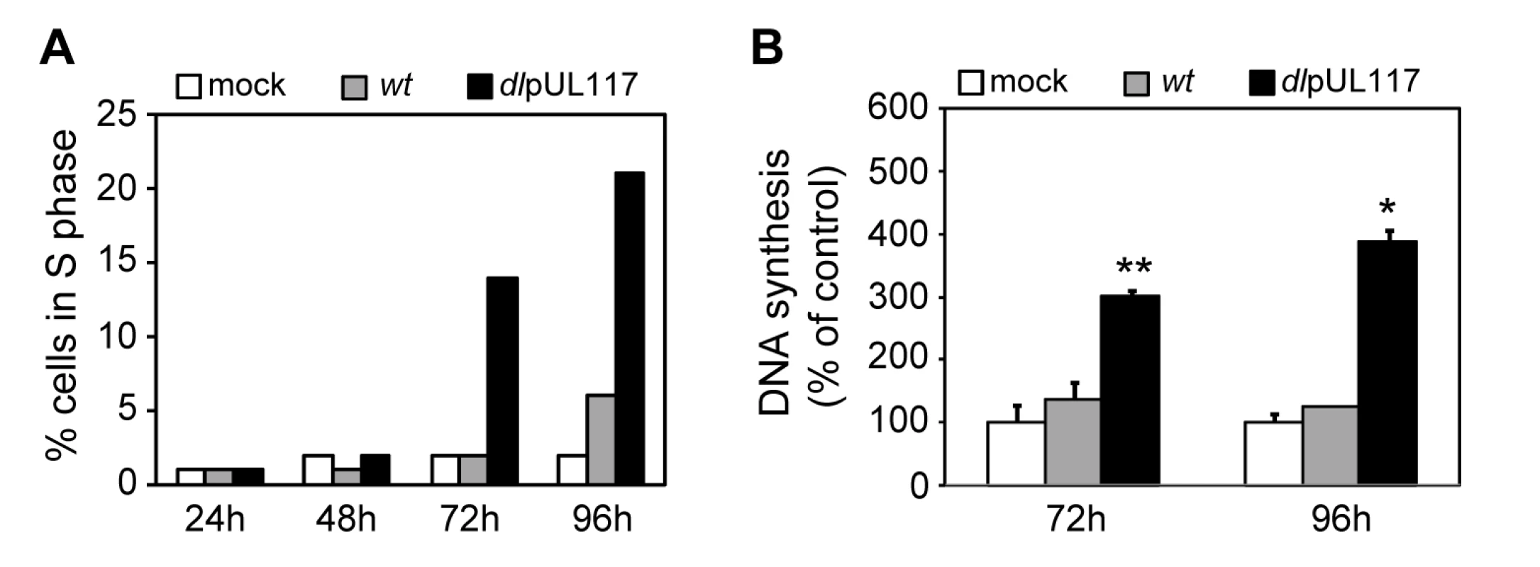 pUL117-deficient virus stimulated host DNA synthesis of quiescent HFFs in the absence of serum.