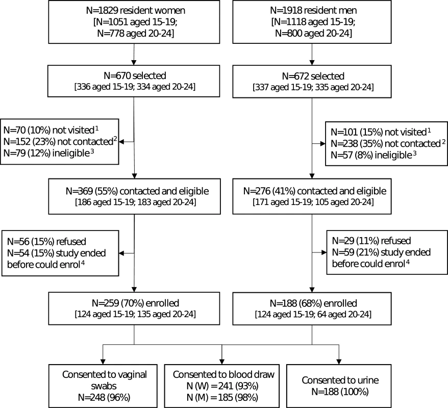 Flow diagram for enrolment in a population-based sexually transmitted infection survey among young people aged 15–24 years in rural Kwa-Zulu Natal.