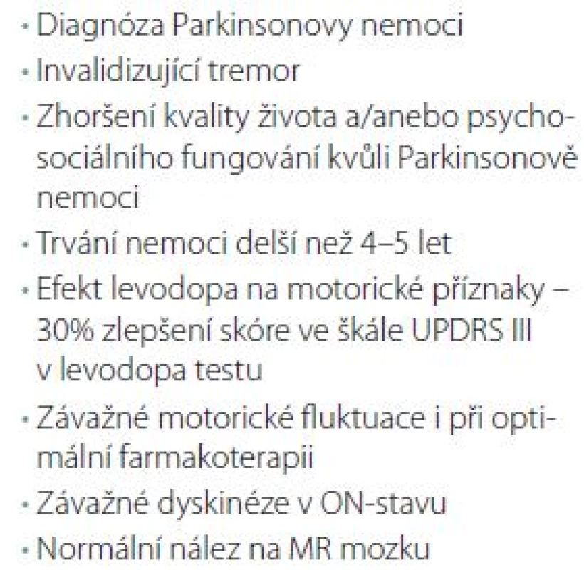 Indikační kritéria DBS STN, upraveno dle [2].