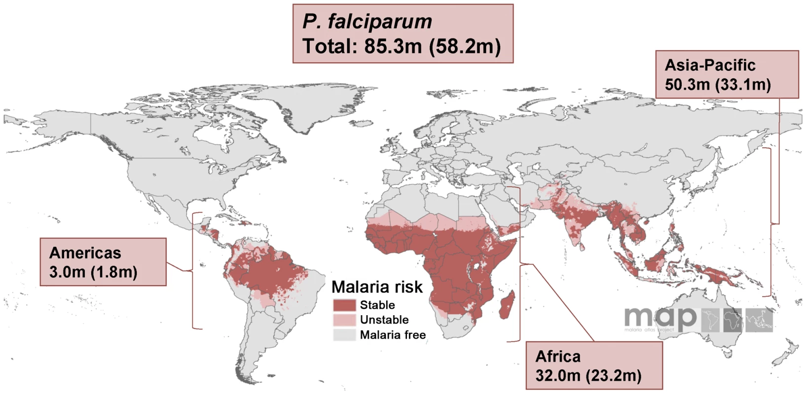 Malaria risk map for <i>P. falciparum</i> and corresponding number of pregnancies in each continent in 2007.