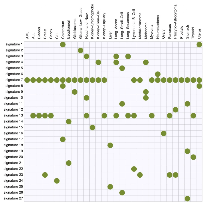 The summary of membership of each mutation signature across 30 cancer types obtained using the proposed method.