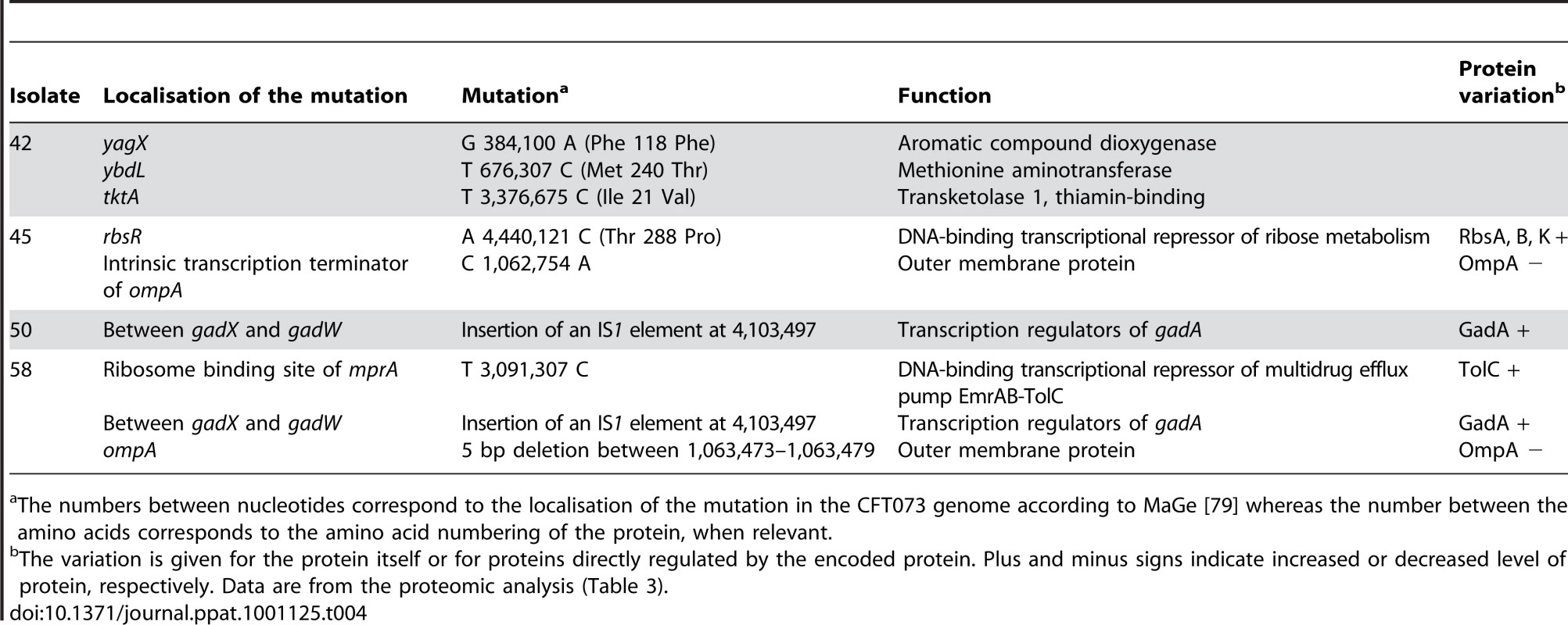 Mutations identified by whole genome sequencing on 4 <i>E. coli</i> isolates of patient 3.