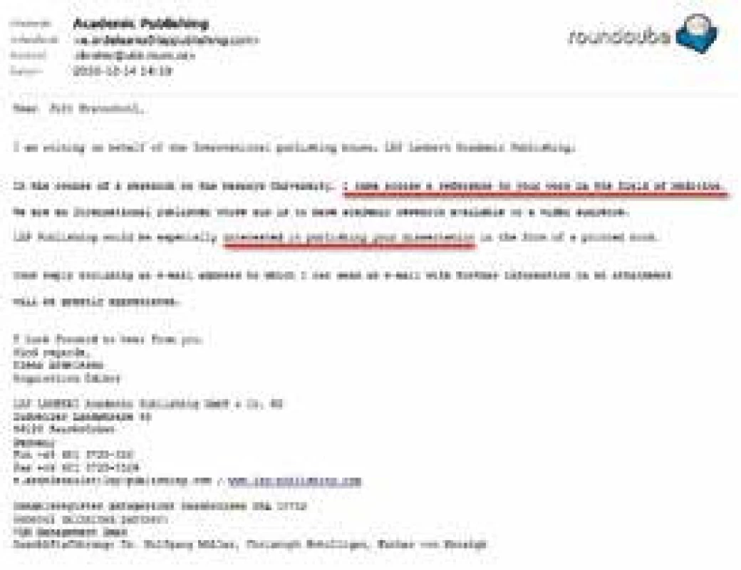 E-mail s výzvou k publikování disertační práce jako monografie