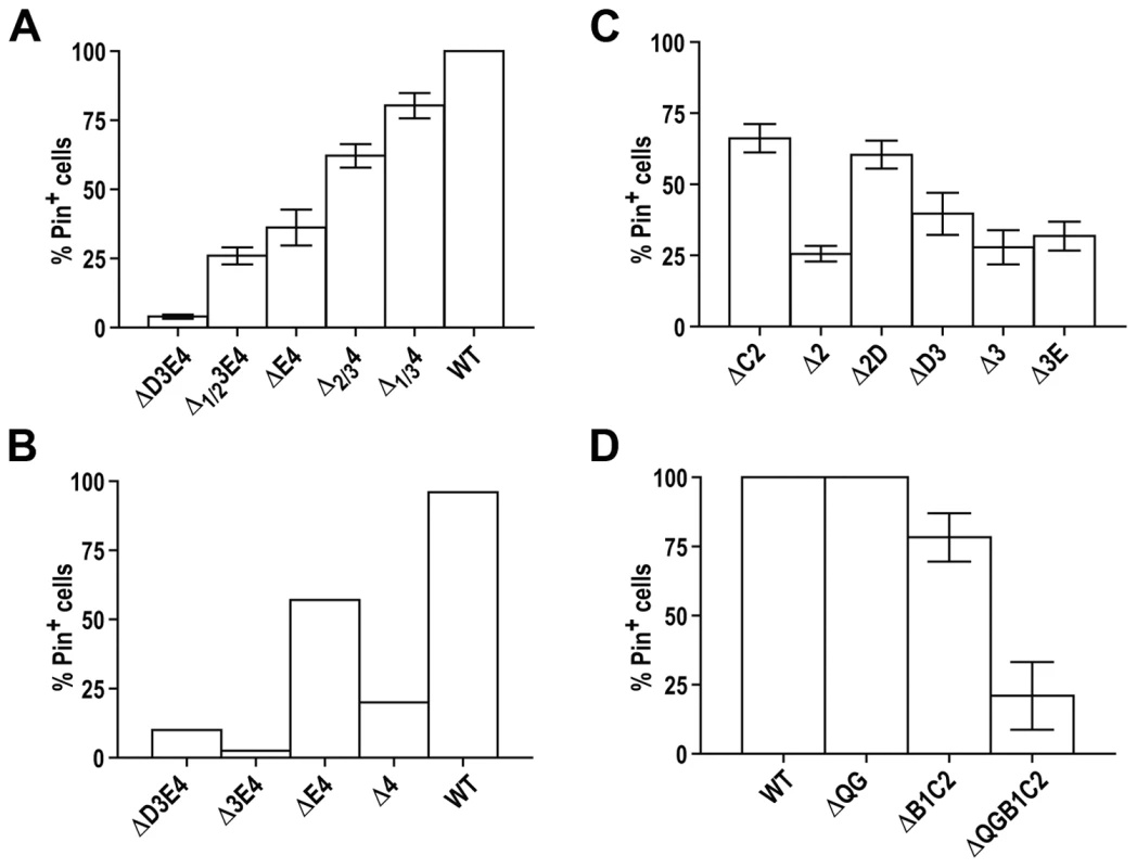 Contribution of parts of regions QN3 and QN4 (A), hydrophobic patches (B, C), and QG<sub>10</sub> (D) to the loss of prion state upon substitution of Rnq1 fragments for full-length Rnq1.