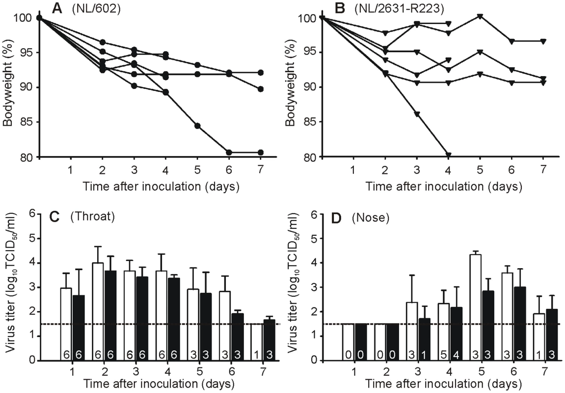 Ferret relative weight loss and virus shedding from the ferret upper respiratory tract.