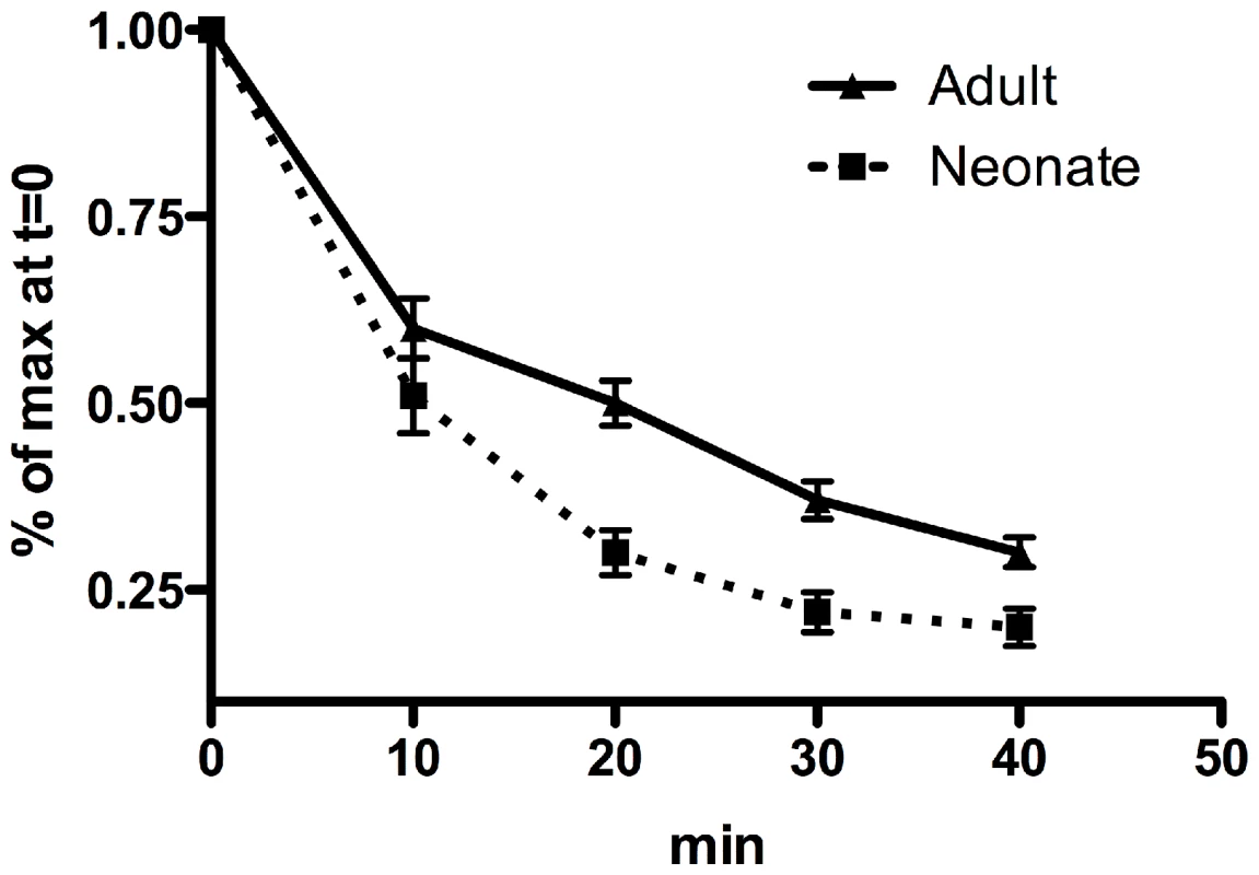 TCR avidity of neonatal and adult memory gB-8p-specific CD8+ T cells.