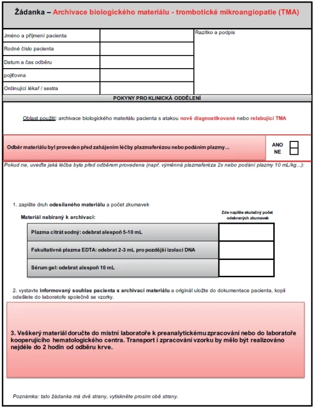 Žádanka – Archivace biologického materiálu – trombotické mikroangiopatie (TMA) – pokyny pro klinická oddělení.