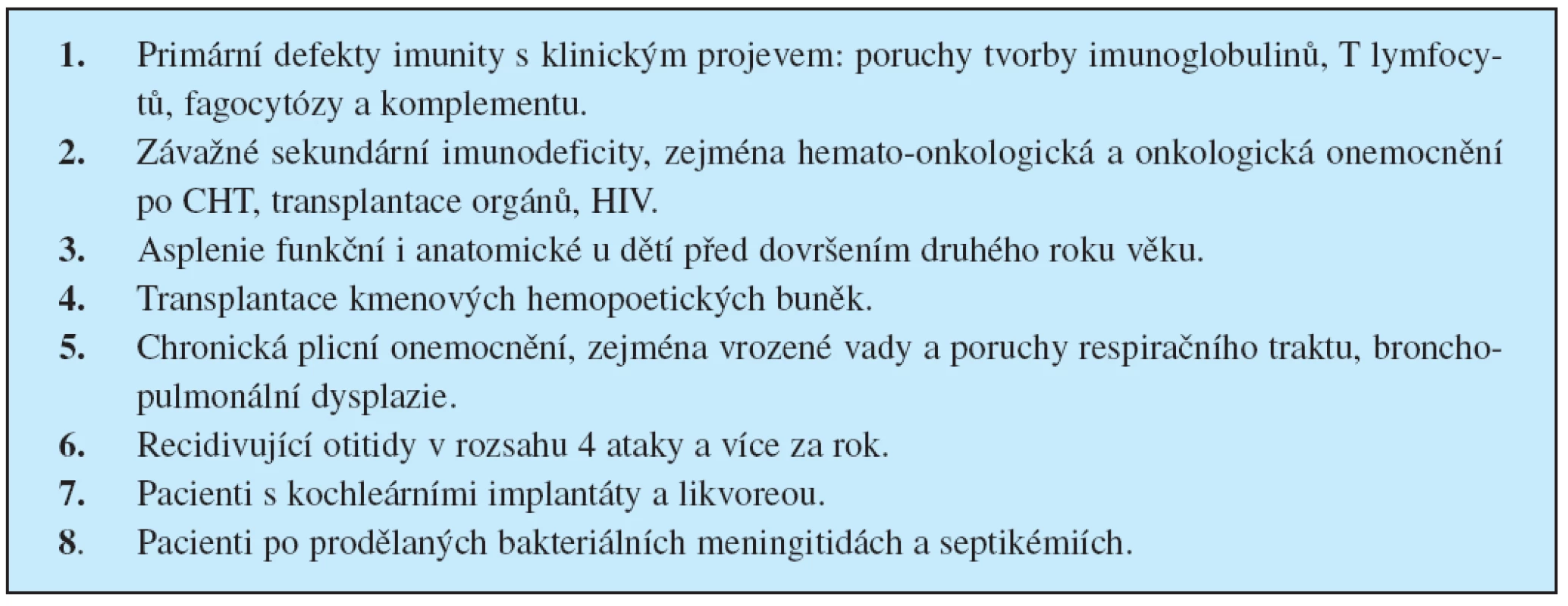 Indikace očkování konjugovanou pneumokokovou vakcínou u dětí podle Vyhl. 537/2006 Sb.
