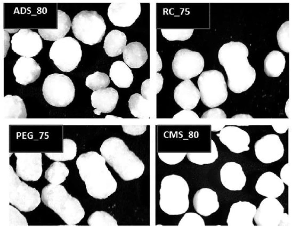 Optical microscope images of pellet cores with the highest glucose content (magnification 25×)