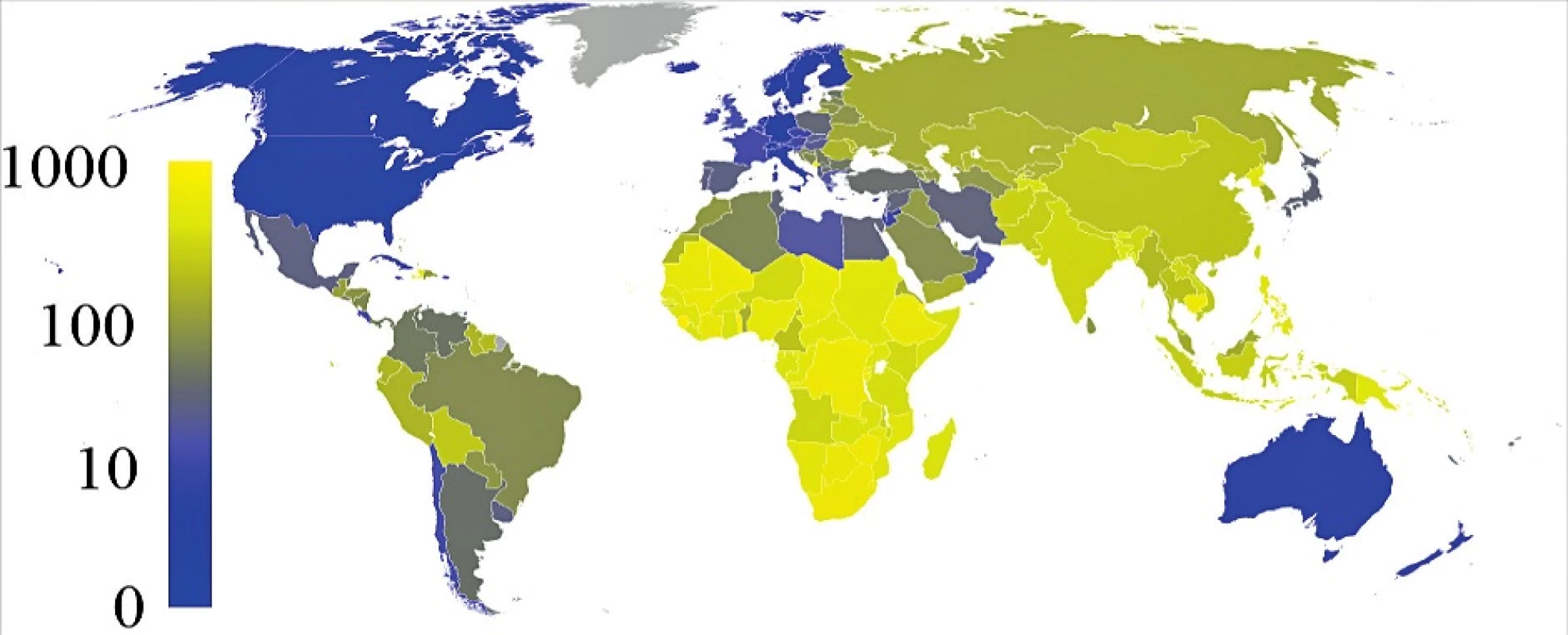 Mapa celosvětové prevalence TBC na 100 000 obyvatel (<a href="https://cs.wikipedia.org/wiki/Tuberkuloza">https://cs.wikipedia.org/wiki/Tuberkuloza</a>).