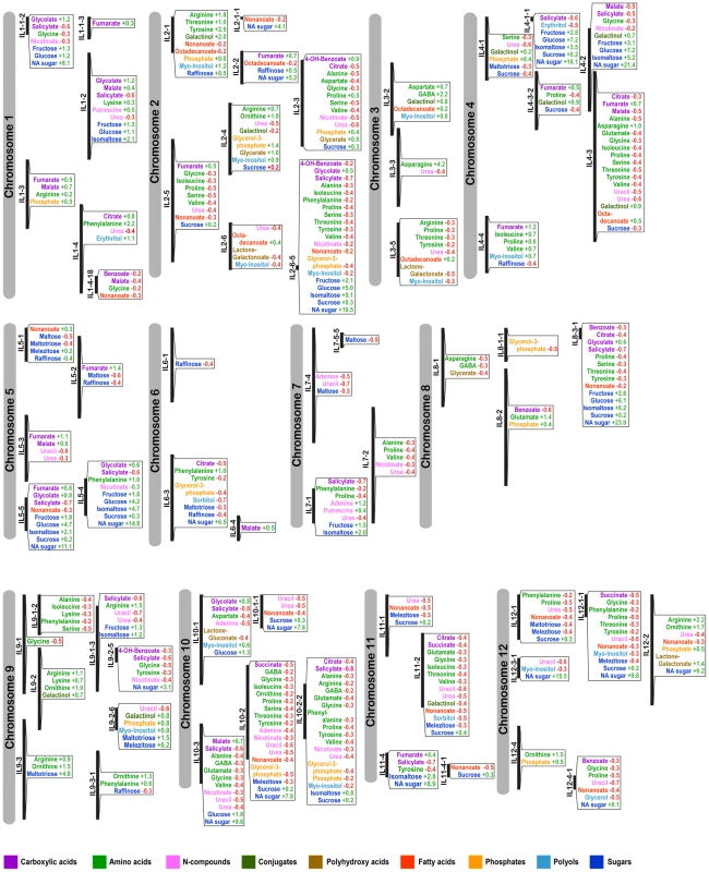 Mapping of significant changes in metabolite content onto introgressed segments.