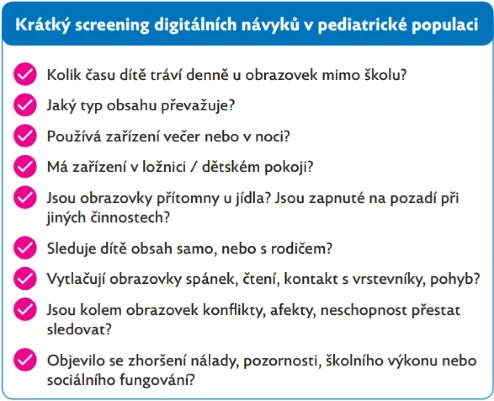 Krátký screening digitálních návyků v pediatrické populaci, zdroj vlastní