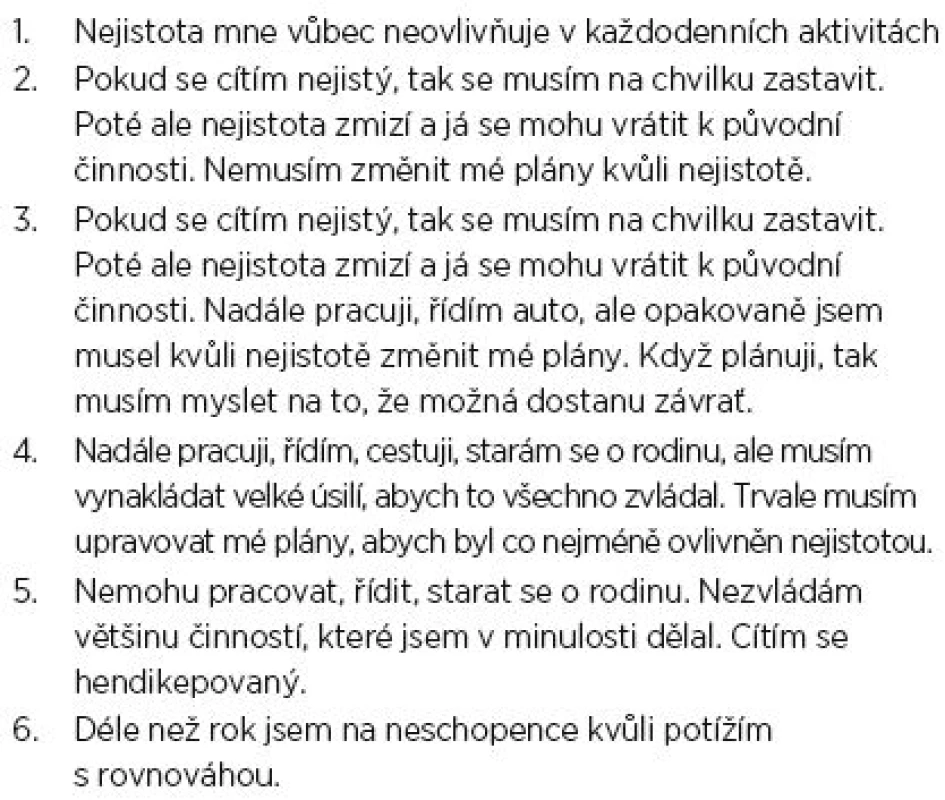 Šestibodová funkční škála dle doporučení AAO 1995 hodnotící vliv poruch rovnováhy na každodenní aktivity.