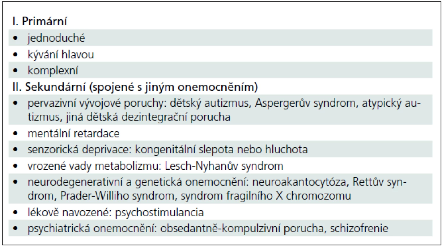 Dělení motorických stereotypií podle etiologie.