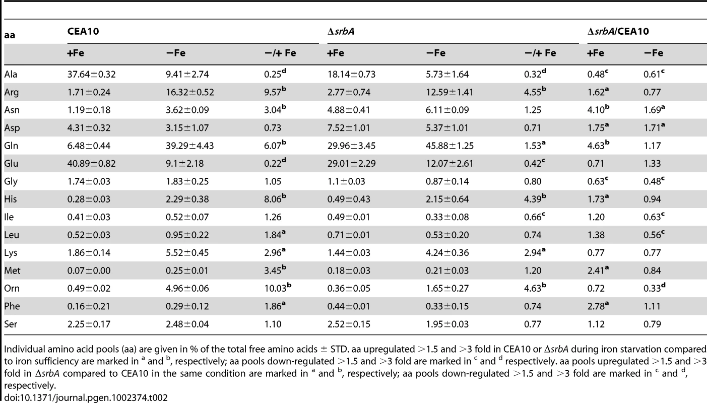 Total free amino acid pool is altered in absence of SrbA.