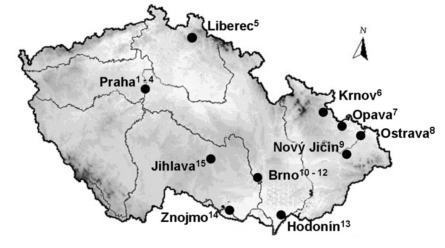 Přehled nemocničních lékáren České republiky začleněných do studie
1 – Fakultní nemocnice Na Bulovce v Praze, 2 – Fakultní nemocnice Motol v Praze, 3 – Fakultní Thomayerova nemocnice s poliklinikou v Praze, 4 – Všeobecná fakultní nemocnice v Praze, 5 – Krajská nemocnice Liberec, 6 – Sdružené zdravotnické zařízení Krnov, 7 – Slezská nemocnice v Opavě, 8 – Fakultní nemocnice Ostrava, 9 – Mendelova lékárna Nový Jičín, 10 – Fakultní nemocnice Brno, 11 – Fakultní nemocnice u sv. Anny, 12 – Masarykův onkologický ústav, 13 – Nemocnice T. G. Masaryka Hodonín, 14 – Nemocnice Znojmo, 15 – Nemocnice Jihlava