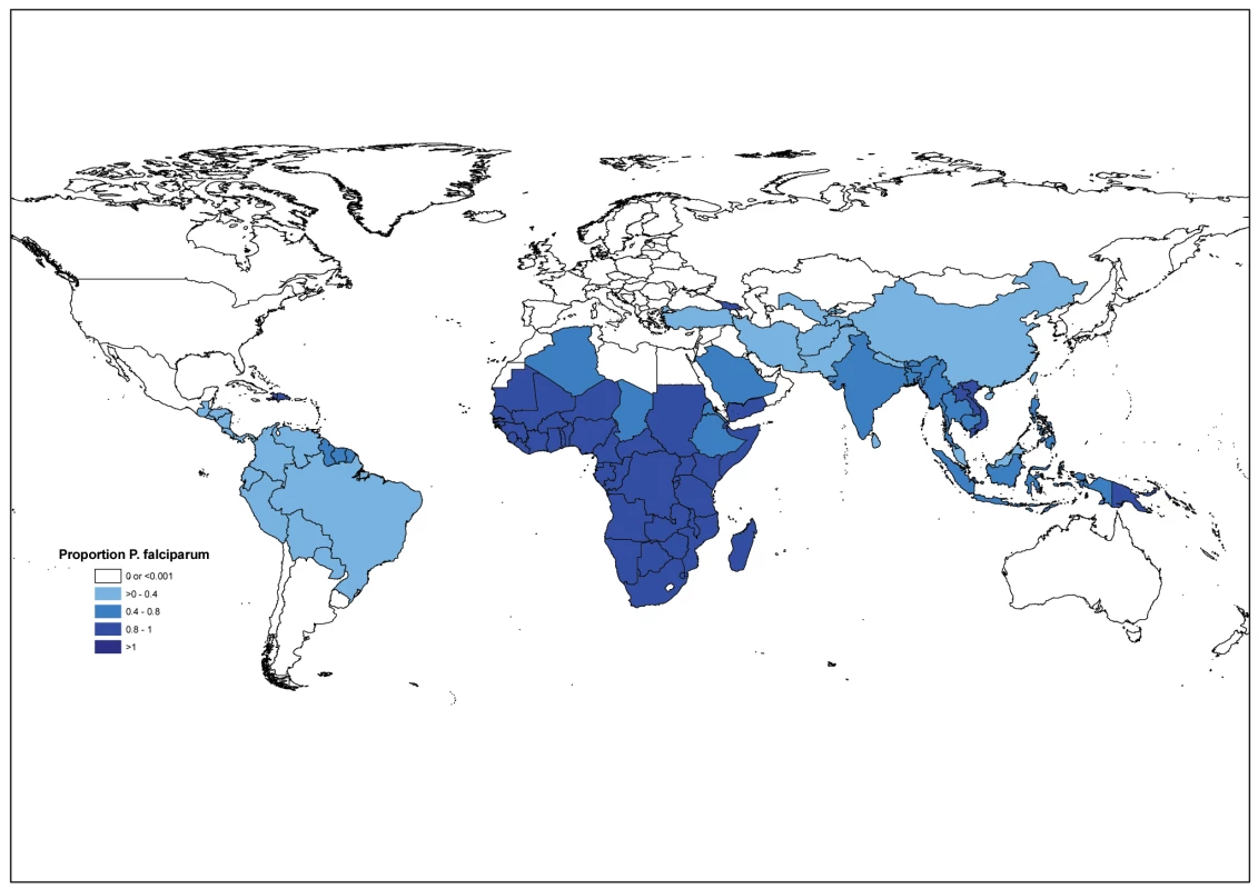 The percentage of reported malaria cases due to <i>P. falciparum</i> in 99 endemic countries.