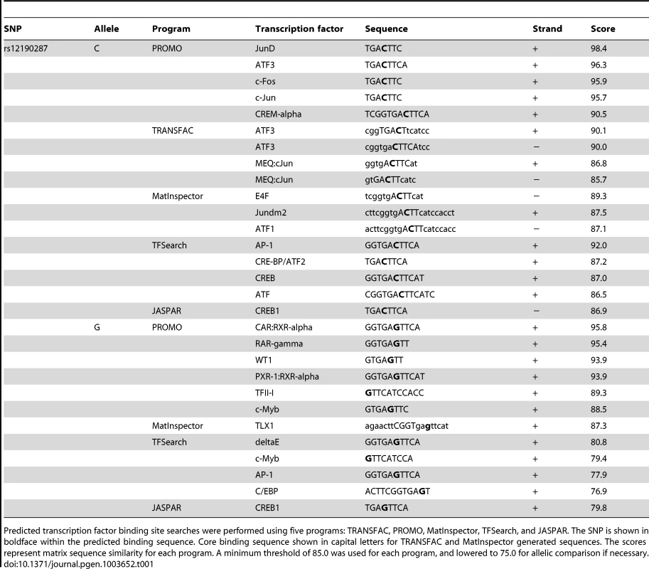 <i>In silico</i> allele-specific transcription factor binding to rs12190287.