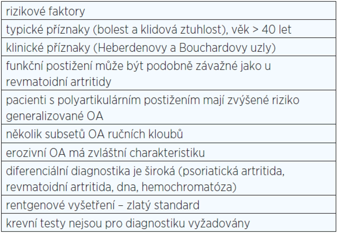 Doporučení Evropské ligy proti revmatismu (EULAR) pro klinickou diagnostiku osteoartrózy (OA) ručních kloubů <em>(upraveno dle: Zhang et al., 2009)</em>