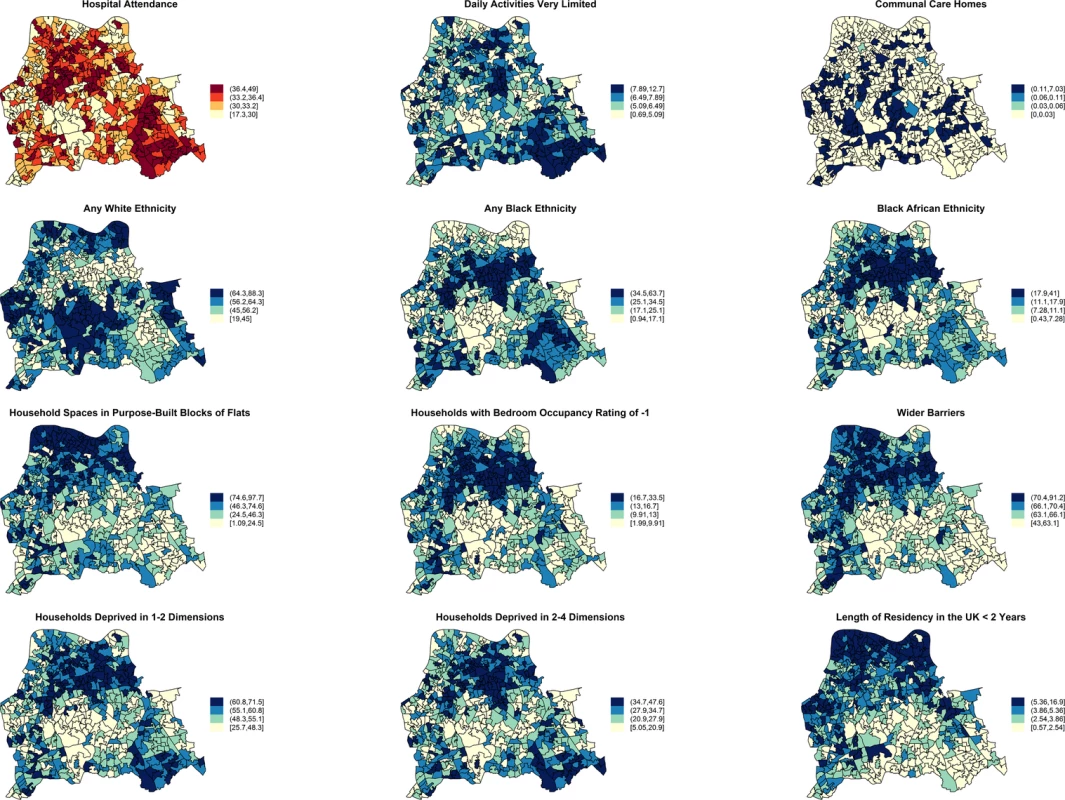 Maps for significant predictors of MRSA infection or colonisation in catchment areas of the London hospital cohort.