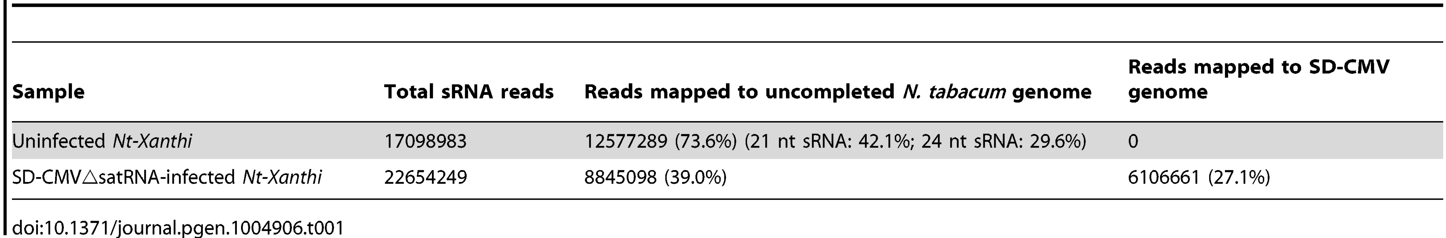 Summary of sRNA sequencing data from uninfected and CMV△satRNA-infected <i>Nt. Xanthi</i>.