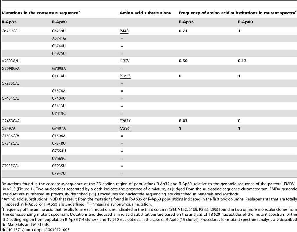 Consensus sequence and mutant spectrum composition of the 3D-coding region of FMDV R-Ap35 and R-Ap60, and deduced amino acid substitutions.
