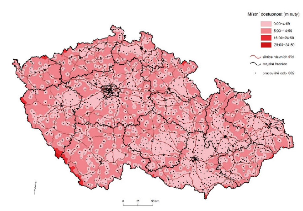 Místní dostupnost k pracovištím praktického lékařství pro děti a dorost v minutách; stav k 31. 12. 2015
