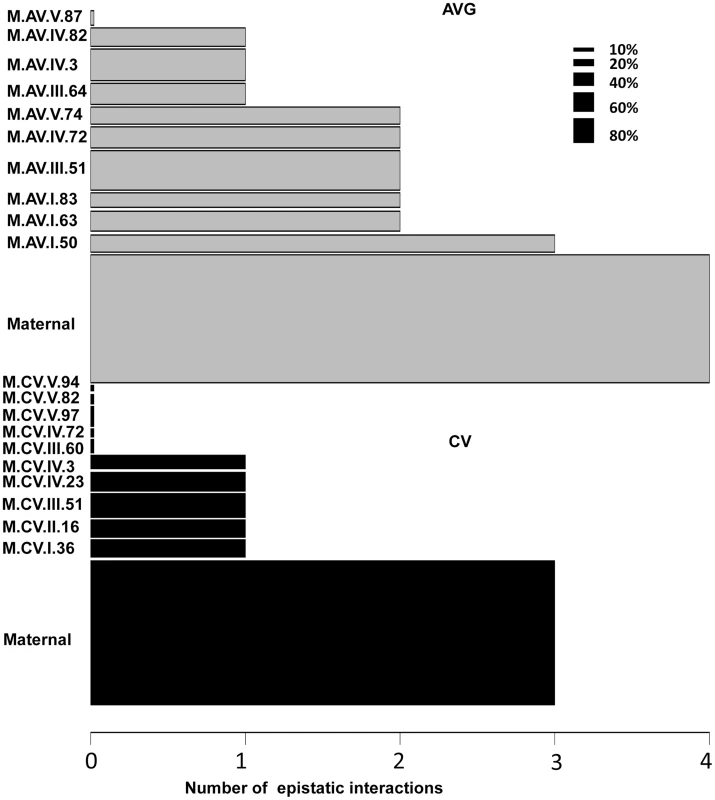 Epistatic interactions of CV and Average QTL hotspots for the metabolome.